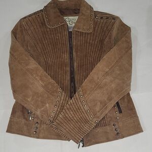 Vintage Cripple Creek Studded Suede Leather Jacket Cross Design Brown Size Small